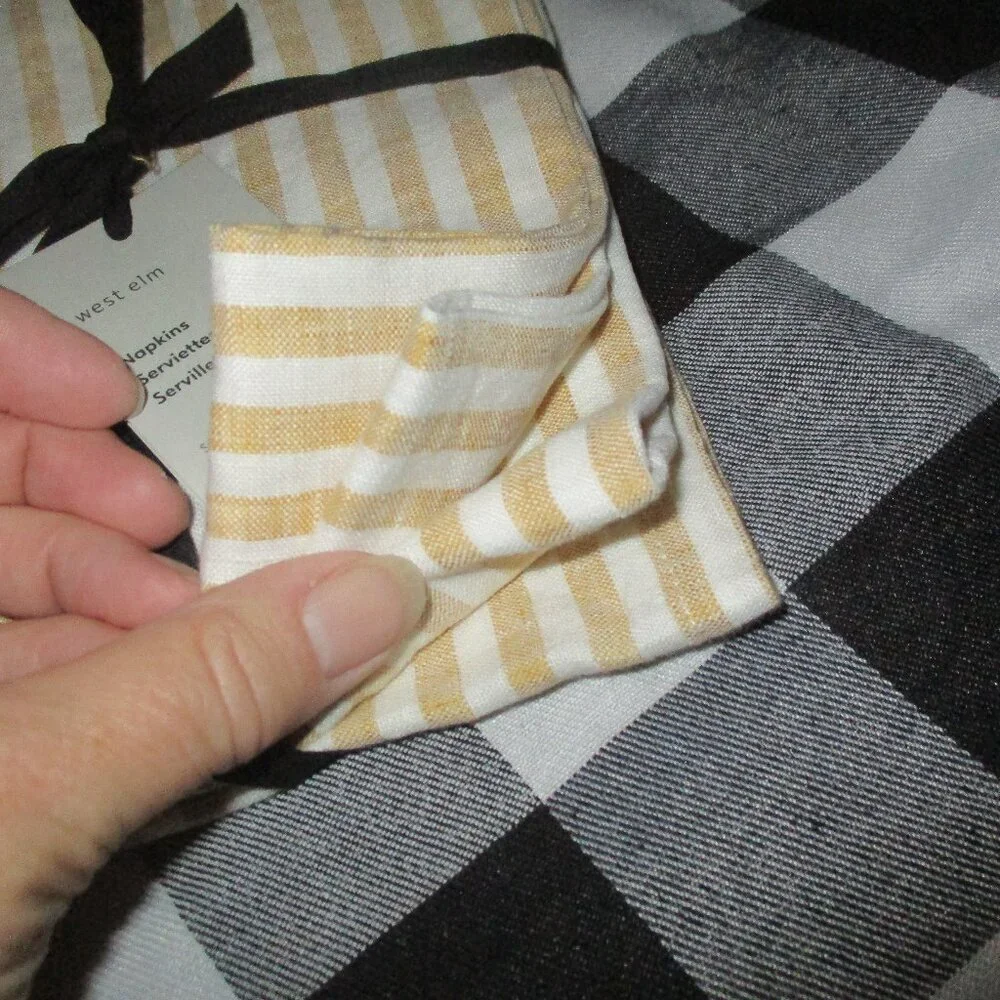 West Elm set of four Mustard yellow and white stripe linen cloth napkins
